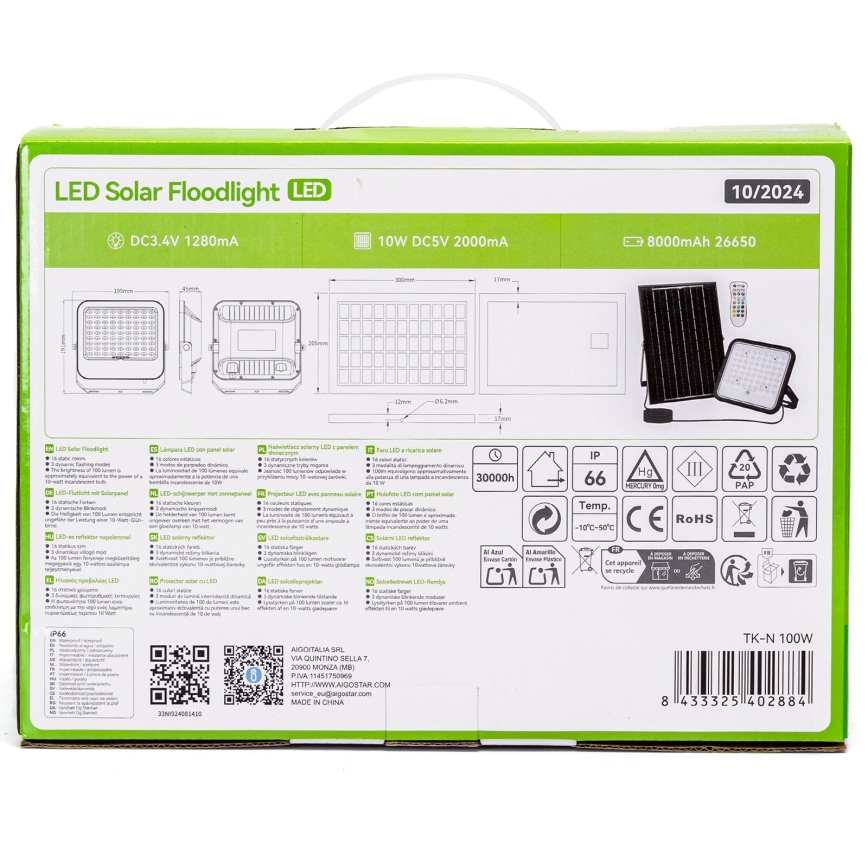 Aigostar - Holofote solar LED RGBW regulável LED/100W/3,4V IP66 + comando