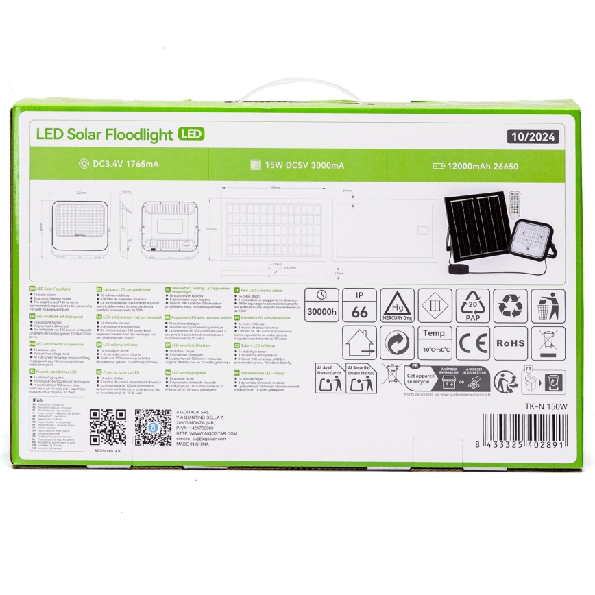Aigostar - Holofote solar LED RGBW regulável LED/150W/3,4V IP66 + comando