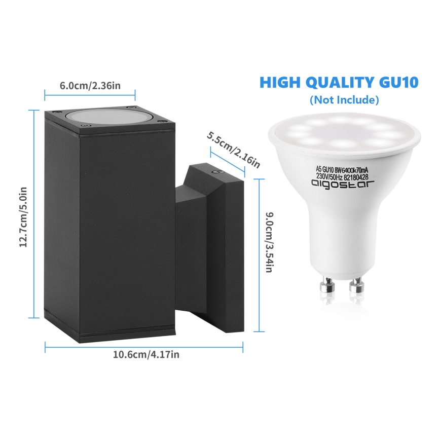 Aigostar - Iluminação de parede exterior 1xGU10/230V preto IP65 angular