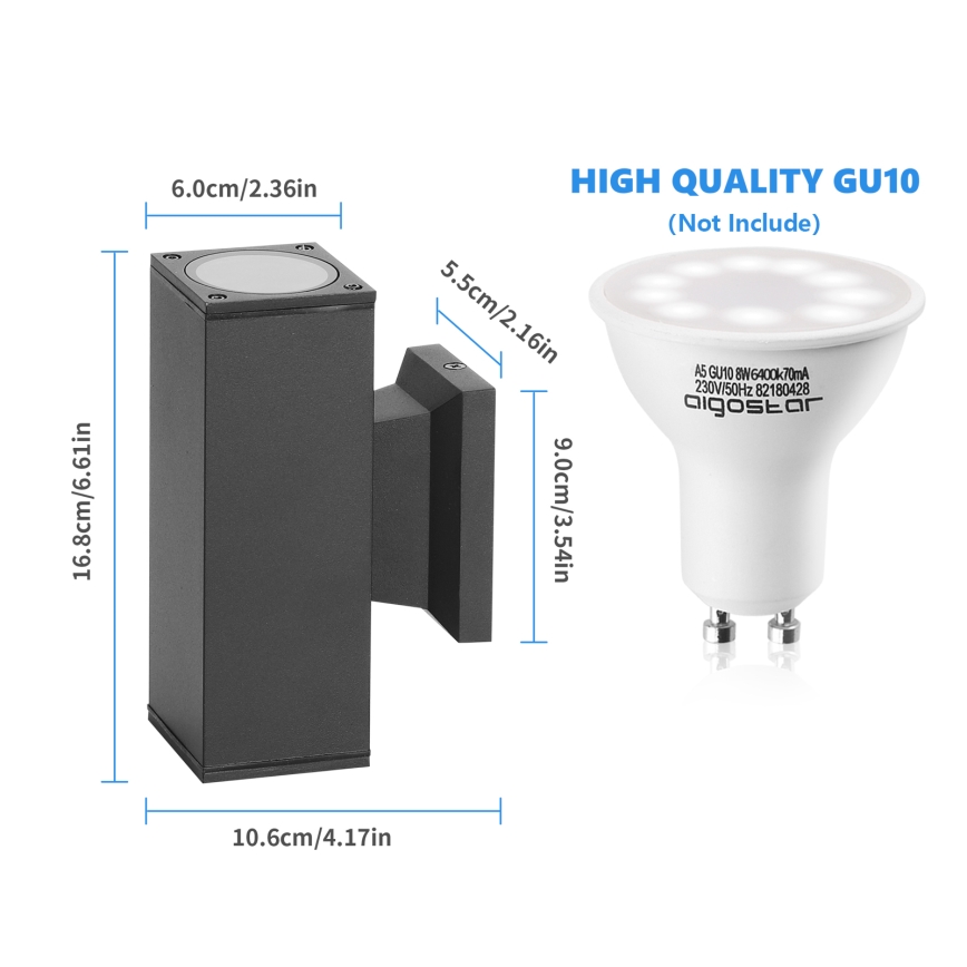 Aigostar - Iluminação de parede exterior 2xGU10/230V preto IP65 angular