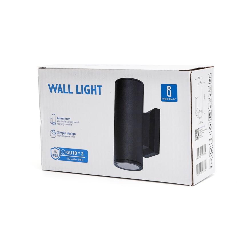 Aigostar - Iluminação de parede exterior 2xGU10/230V preto IP65 redondo