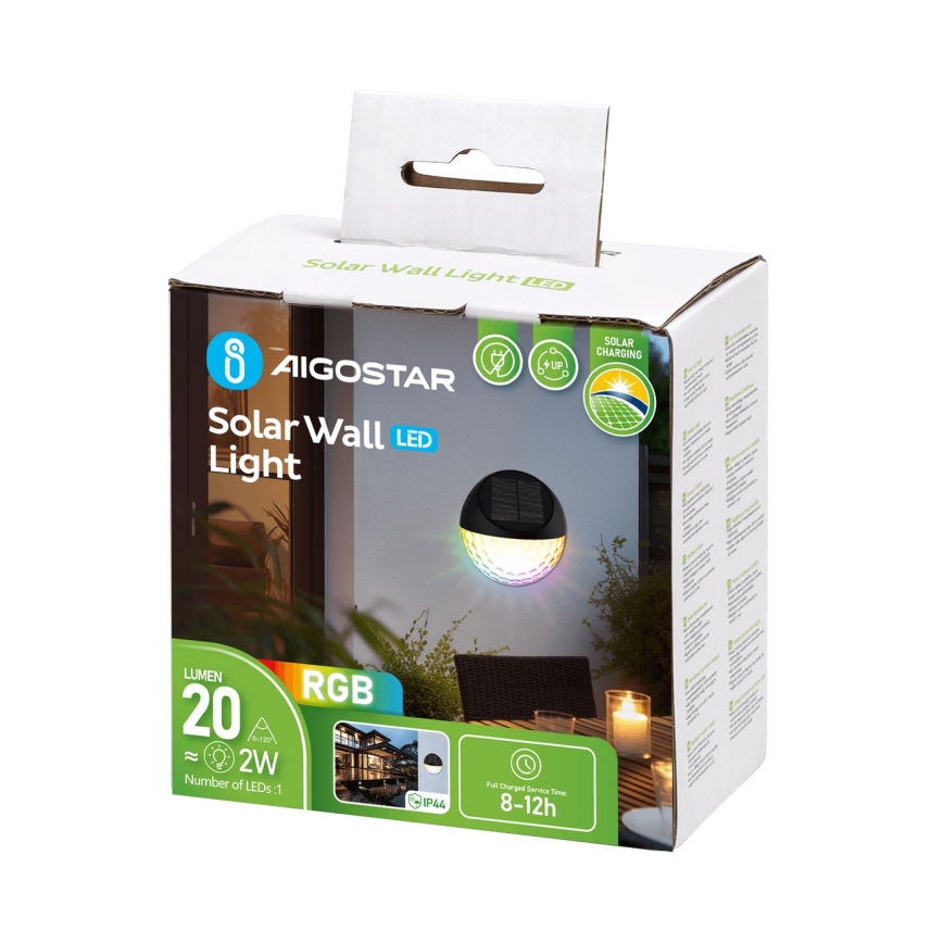 Aigostar - Iluminação de parede solar LED RGB LED/2W/1,2V preto IP44