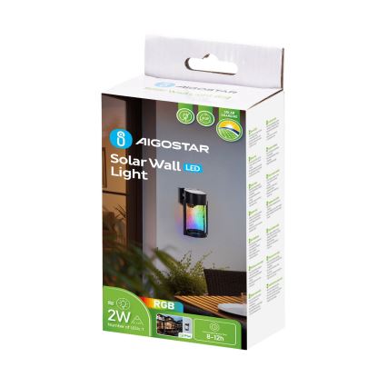 Aigostar - Iluminação de parede solar LED RGB LED/2W/1,2V preto IP44