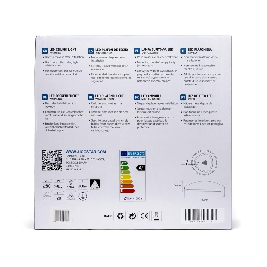 Aigostar - Iluminação de teto LED com sensor LED/24W/230V 3000K