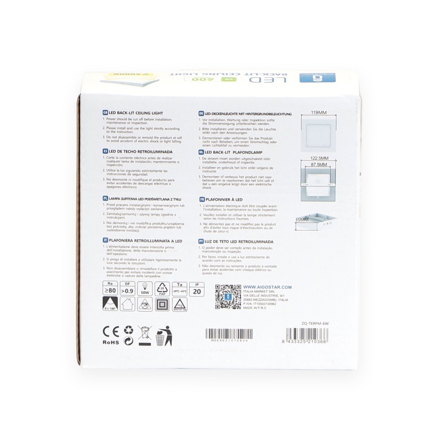 Aigostar - Iluminação integrada LED de teto LED/6W/230V 12,2x12,2 cm 3000K branco