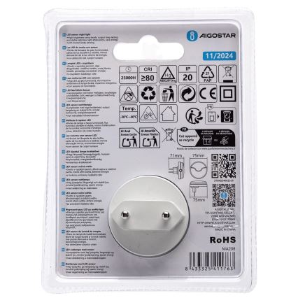 Aigostar - Luz noturna LED com sensor de anoitecer LED/0,5W/230V 3000K