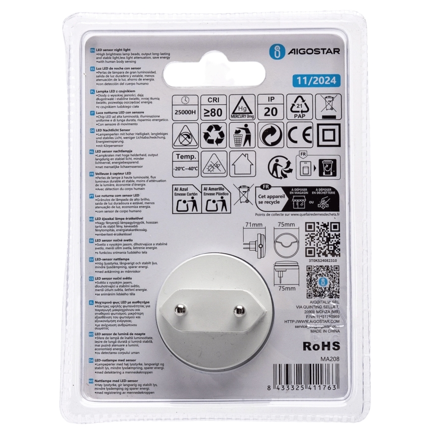 Aigostar - Luz noturna LED com sensor de anoitecer LED/0,5W/230V 3000K