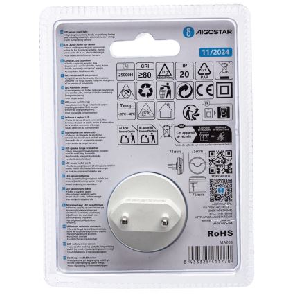Aigostar - Luz noturna LED com sensor de anoitecer LED/0,5W/230V 6500K