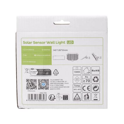 Aigostar - Iluminação solar LED com sensor de movimento LED/2,4W/3,7V 1800 mAh IP65