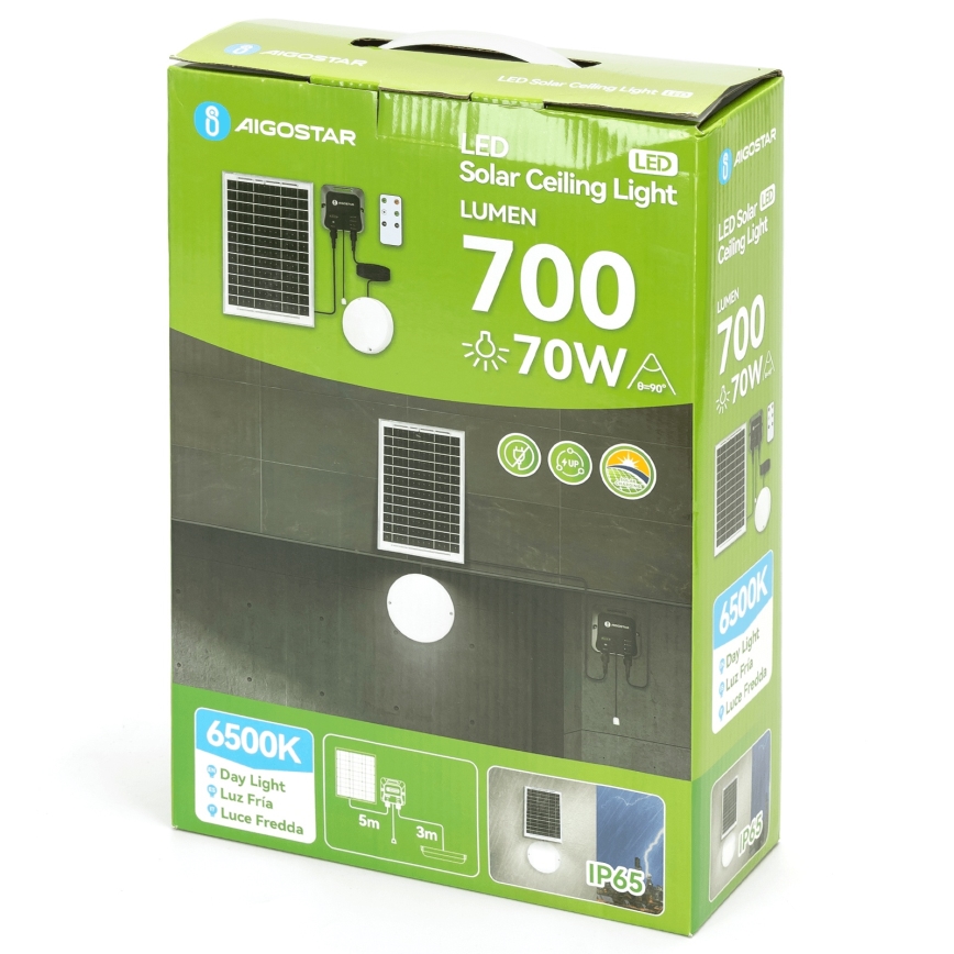 Aigostar - Iluminação solar LED LED/70W/12V 6000 mAh 6500K diâmetro 20,5 cm + comando