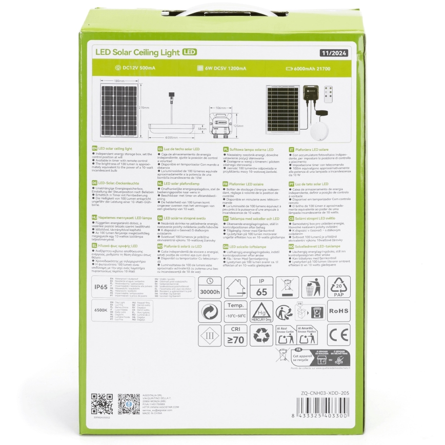 Aigostar - Iluminação solar LED LED/70W/12V 6000 mAh 6500K diâmetro 20,5 cm + comando