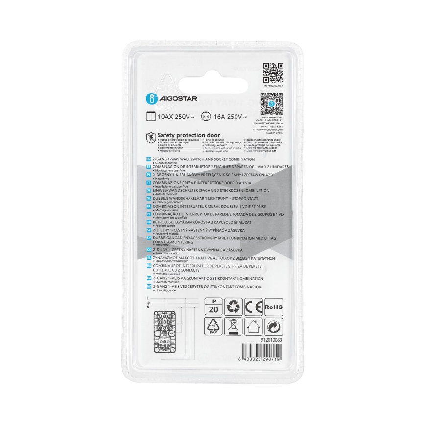 Aigostar - Interruptor doméstico 2P com tomada 1x10A/250V SCHUKO