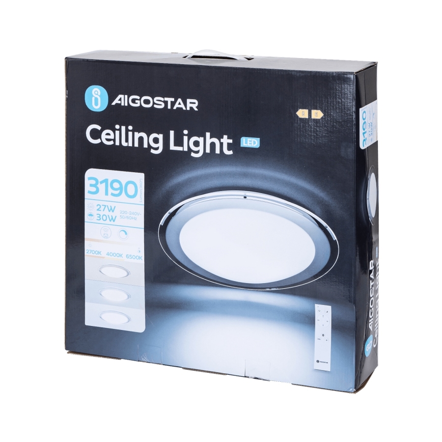 Aigostar - Lâmpada de teto LED regulável 30W/230V 2700-6500K com 42,9 cm cromado + controle remoto