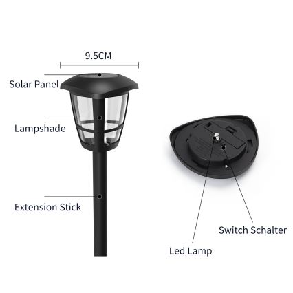 Aigostar - Lâmpada Solar LED LED/0,06W/2V 100 mAh 33,8 cm 6500K IP44 preta