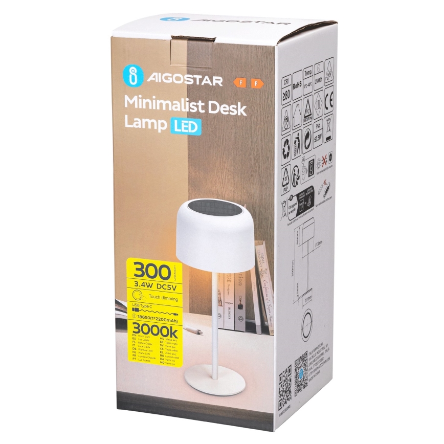 Aigostar - Lâmpada de mesa recarregável solar LED dimmerizável LED/3W/5V 2200mAh branca IP54