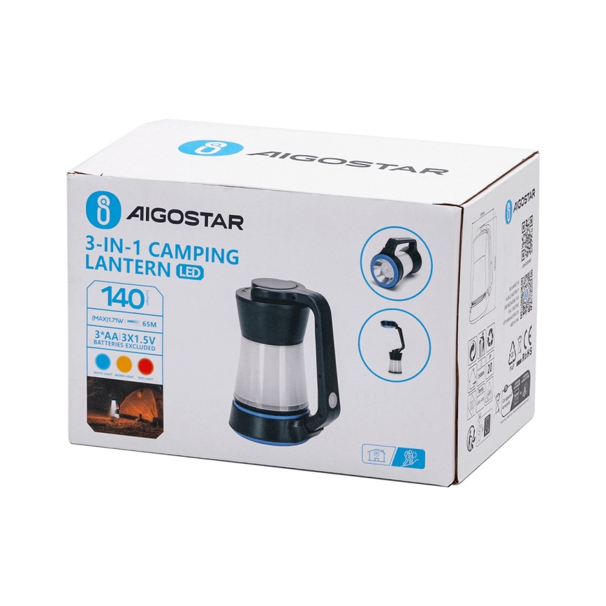 Aigostar - Lanterna de campismo LED regulável 3em1 LED/3xAA preto/azul