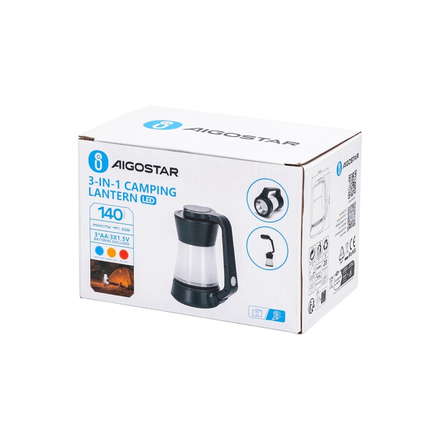 Aigostar - Lanterna de campismo LED regulável 3em1 LED/3xAA preto