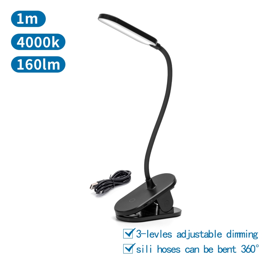 Aigostar - LED Candeeiro de mesa recarregável com regulação com clipe LED/2,5W/5V preto