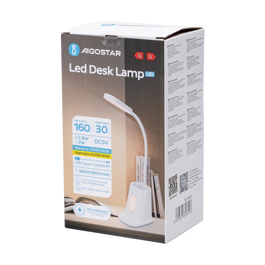Aigostar - LED Candeeiro de mesa recarregável com regulação LED/2,8W/5V 1800mAh 3000/5000K branco