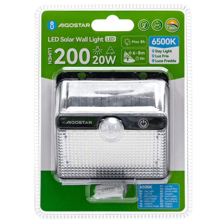 Aigostar - Luminária solar LED com sensor LED/3,7V 6500K 1200 mAh IP65 preta