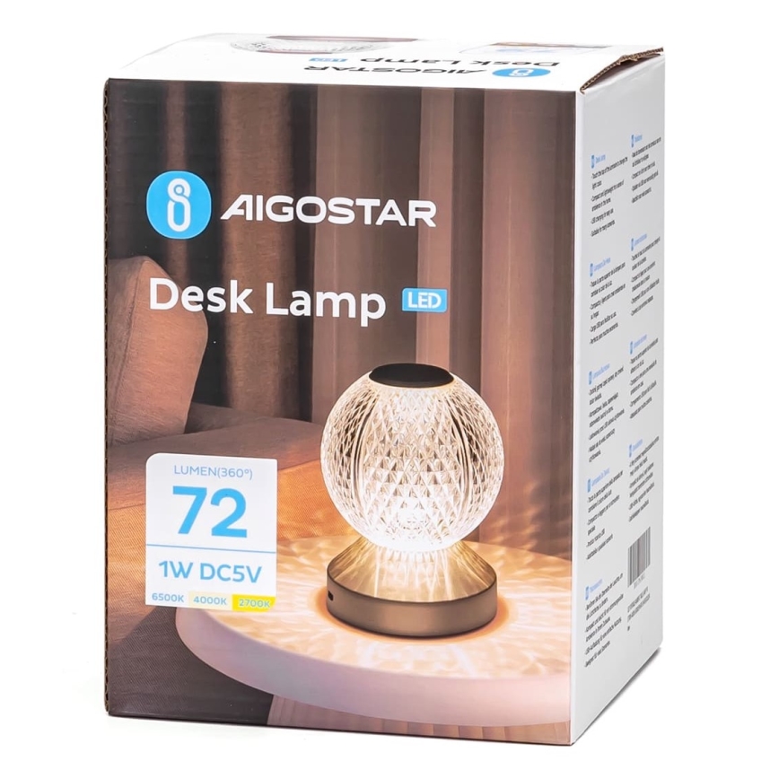 Aigostar - LED Candeeiro de mesa recarregável com regulação LED/1W/5V 2700/4000/6500K 1800mAh 13,5 cm