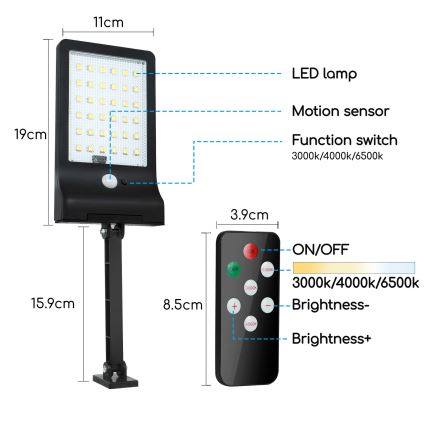 Aigostar - LED Regulação solar candeeiro com sensor LED/2,3W/5,5V IP65 + controlo remoto