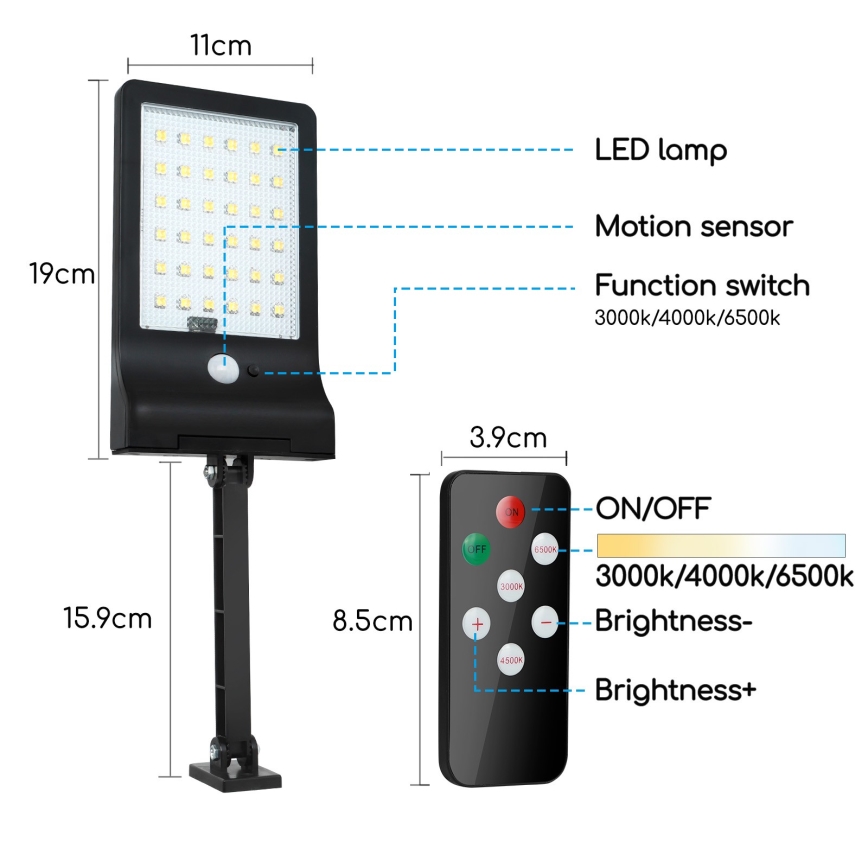 Aigostar - LED Regulação solar candeeiro com sensor LED/2,3W/5,5V IP65 + controlo remoto