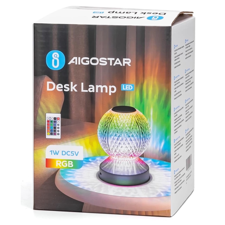 Aigostar - LED RGB Candeeiro de mesa recarregável com regulação LED/1W/5V 1800mAh 13,5 cm + controlo remoto