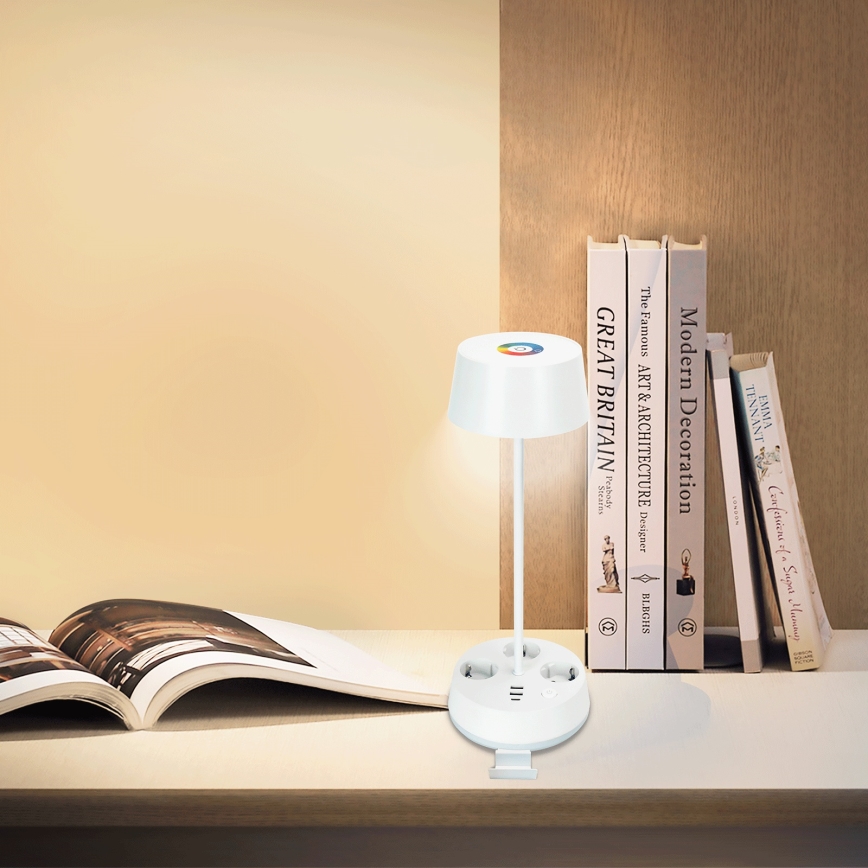 Aigostar - LED RGBW Candeeiro de mesa dimerizável com tomadas e porta USB LED/4,6W/230V 3000/4000/6500K branco