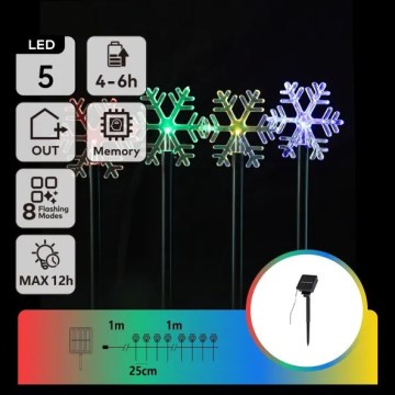 Aigostar - LED RGBY Luminária solar de Natal 5xLED/1,2V/8 funções 1m IP65 800mAh flocos de neve