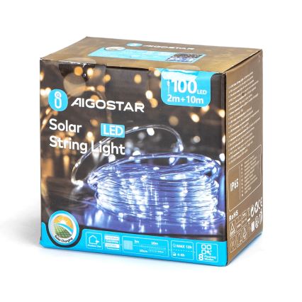 Aigostar - LED Solar Corrente de Natal 100xLED/8 funções 12m IP65 branco frio