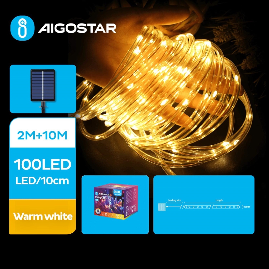 Aigostar - LED Solar Corrente de Natal 100xLED/8 funções 12m IP65 branco quente
