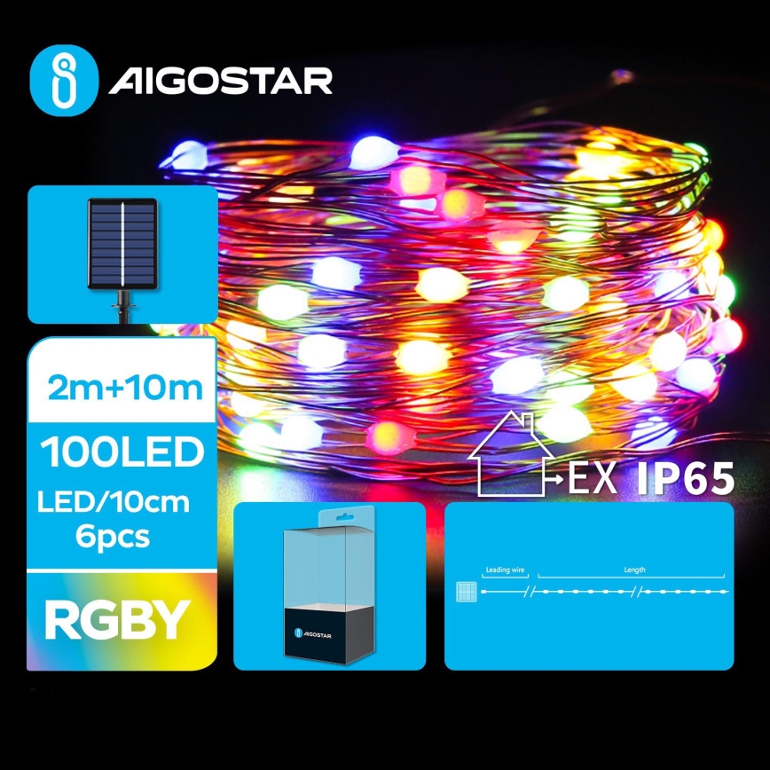 Aigostar - LED Solar Corrente de Natal 100xLED/8 funções 12m IP65 multicolor