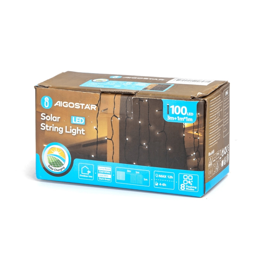 Aigostar - LED Solar Corrente de Natal 100xLED/8 funções 4x1m IP65 branco frio