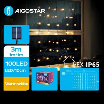 Aigostar - LED Solar Corrente de Natal 100xLED/8 funções 4x1m IP65 branco quente