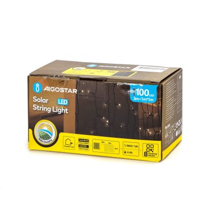 Aigostar - LED Solar Corrente de Natal 100xLED/8 funções 4x1m IP65 branco quente