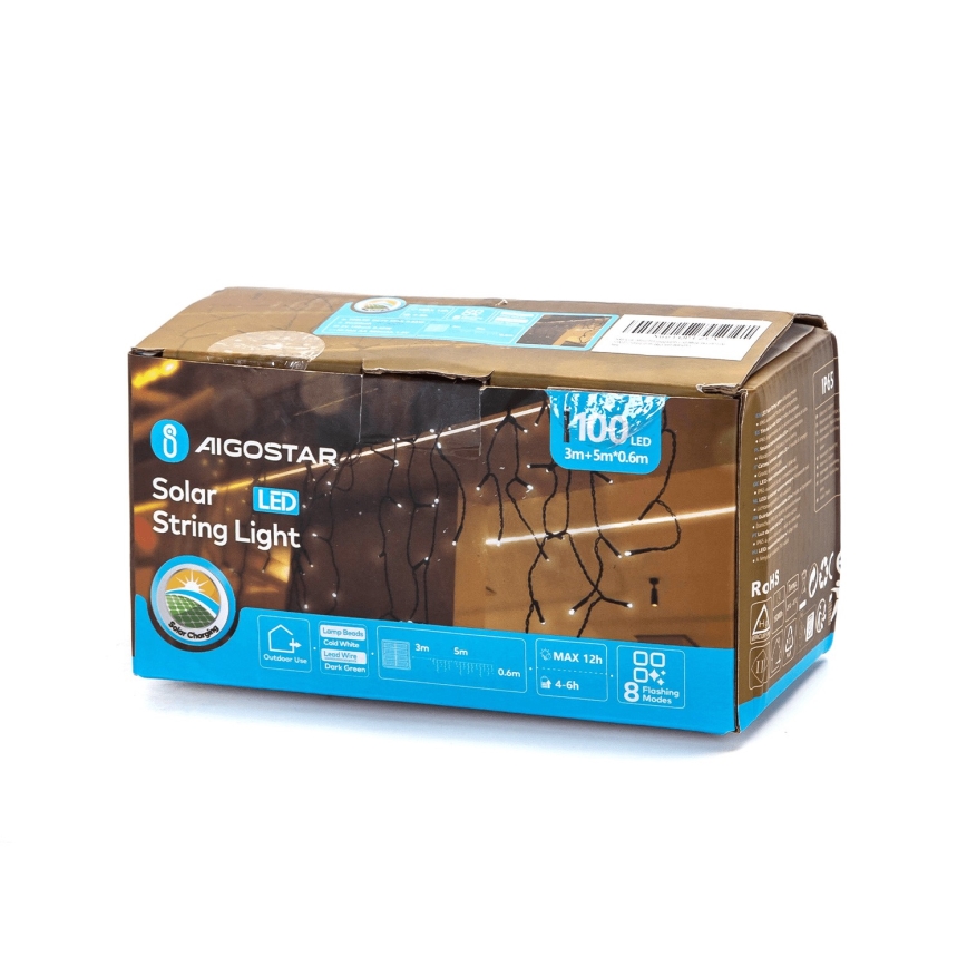 Aigostar - LED Solar Corrente de Natal 100xLED/8 funções 8x0,6m IP65 branco frio