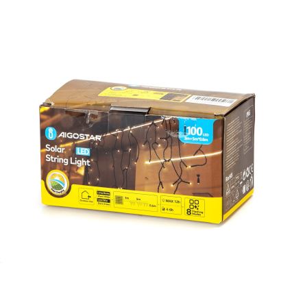 Aigostar - LED Solar Corrente de Natal 100xLED/8 funções 8x0,6m IP65 branco quente