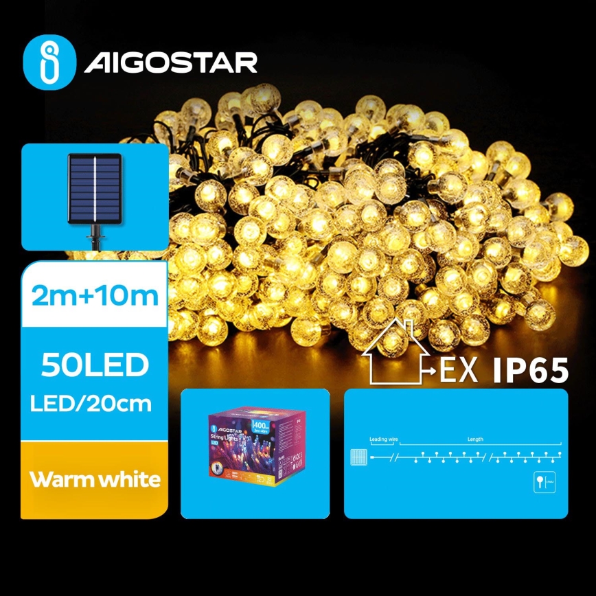 Aigostar - LED Solar corrente decorativa 50xLED/8 funções 12m IP65 branco quente