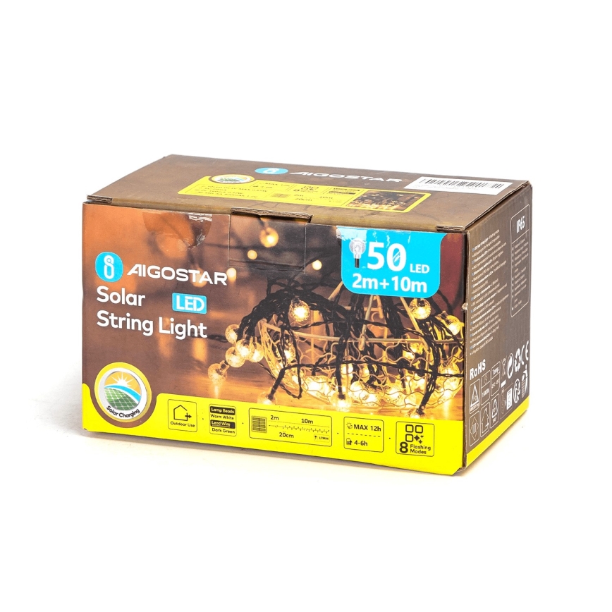 Aigostar - LED Solar corrente decorativa 50xLED/8 funções 12m IP65 branco quente