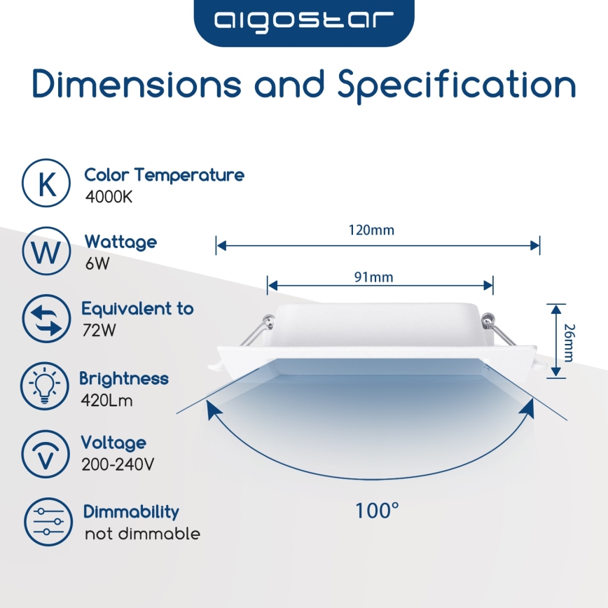 Aigostar - Luminária de Embutir LED 6W 230V 4000K 12x12 cm Branca