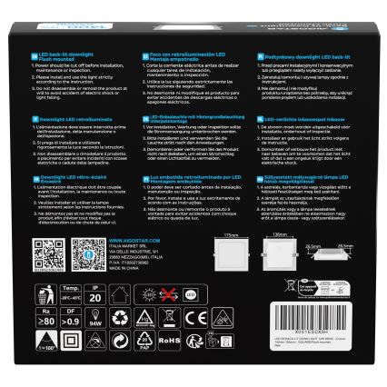 Aigostar - Luminária embutida LED/12W/230V 6500K 17,5x17,5 cm branca