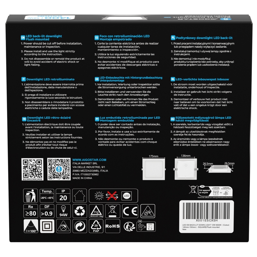 Aigostar - Luminária embutida LED/12W/230V 6500K 17,5x17,5 cm branca
