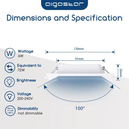 Aigostar - Luminária LED embutida 6W/230V 4000K 12x12 cm branca