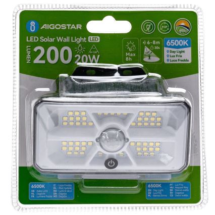 Aigostar - Luminária Solar LED com Sensor LED/3,7V 6500K 500 mAh IP65 na cor preta