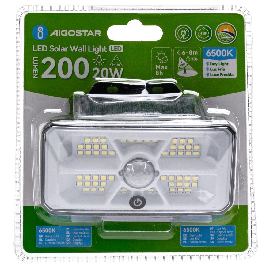 Aigostar - Luminária Solar LED com Sensor LED/3,7V 6500K 500 mAh IP65 na cor preta