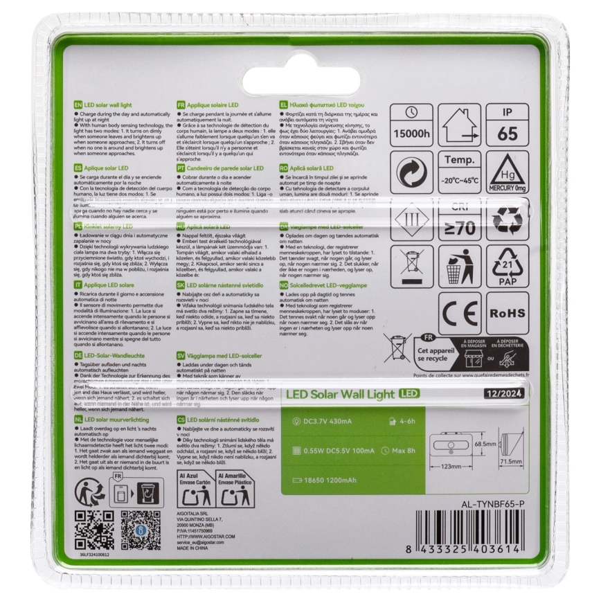 Aigostar - Luminária Solar LED com Sensor LED/3,7V 6500K 500 mAh IP65 na cor preta