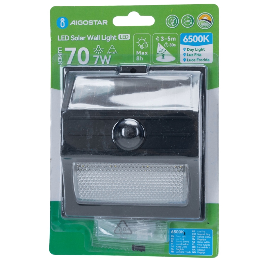 Aigostar - Luminária Solar LED com Sensor LED/3,7V 6500K 500 mAh IP65 Preta