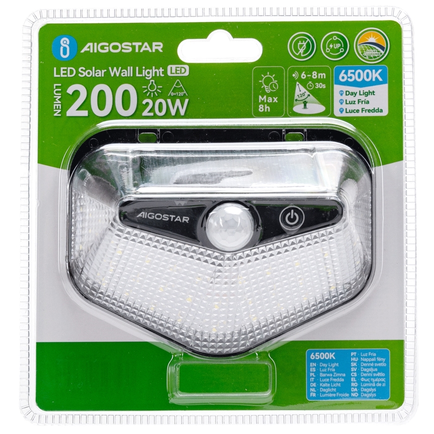 Aigostar - Luminária Solar LED com Sensor LED/3,7V 6500K 500 mAh IP65 preta