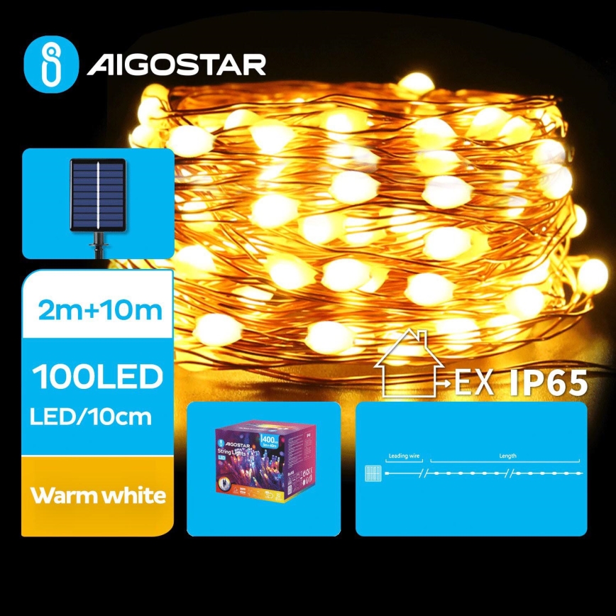 Aigostar - Luzes de Natal LED	solares 100xLED/8 funções 12m 800 mAh IP65 branco quente